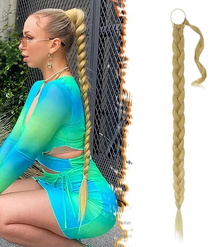 Miniatura 18 de Barsdar Extensión de 26 Pulgadas de Cola de Caballo Trenzada Larga con Banda Elástica - Extensiones de Cabello en Cola de Caballo Recta y Elegante