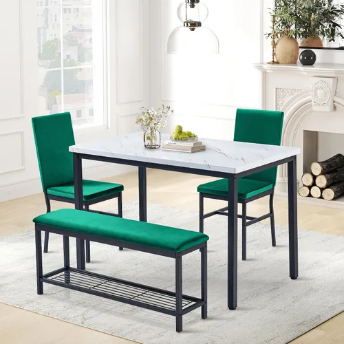 Miniatura 2 de Juego de mesa de comedor para 4, juego de mesa de cocina de mármol sintético de 47.2 pulgadas con sillas y banco tapizados de terciopelo, juego