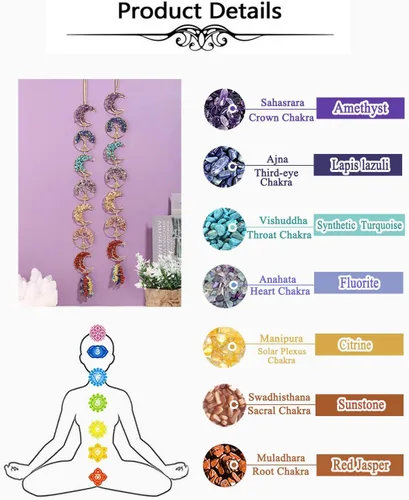 Miniatura 6 de Top Plaza Decoración de piedras de chakras de árbol de la vida, piedras preciosas de cristales curativos crudos, 7 chakras, adorno colgante de luna