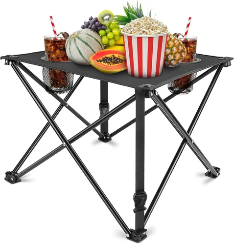 Miniatura 9 de TeqHome Mesa auxiliar plegable para campamento, mesa de campamento portátil para exteriores con 2 portavasos y bolsa de transporte, marco de acero