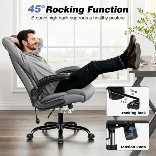 Miniatura 7 de BESTFAIR Silla ergonómica de oficina, silla de escritorio para computadora, sillas ejecutivas de cuero con respaldo alto con soporte lumbar Gris