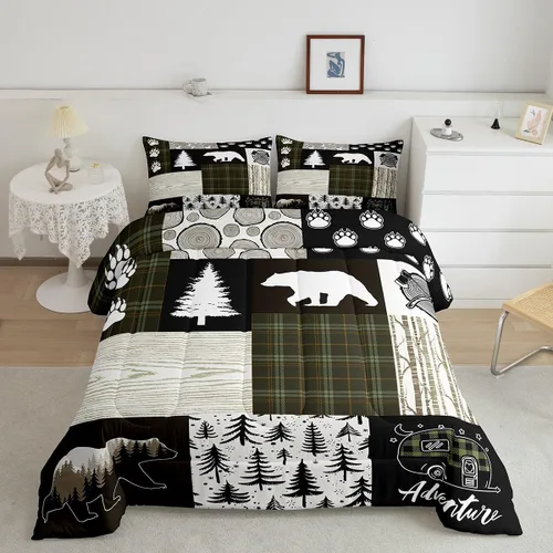 Miniatura 111 de Juego de edredón de cuernos de ciervo tamaño individual, juego de ropa de cama rústica de granja con huellas de oso y pinos para decoración