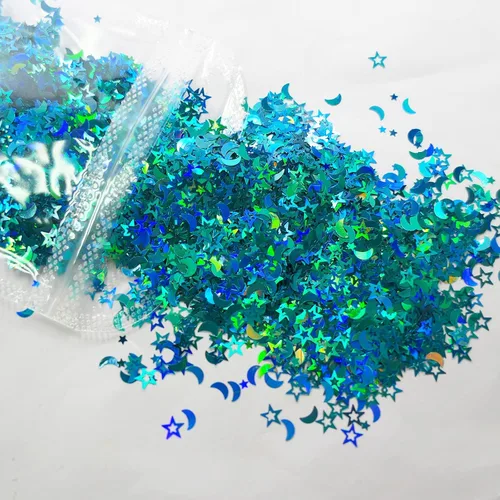 Miniatura 6 de LoveOurHome 6 colores de estrellas y lunas con purpurina gruesa, escamas de resina epoxi, accesorios holográficos, estrellas negras y azules