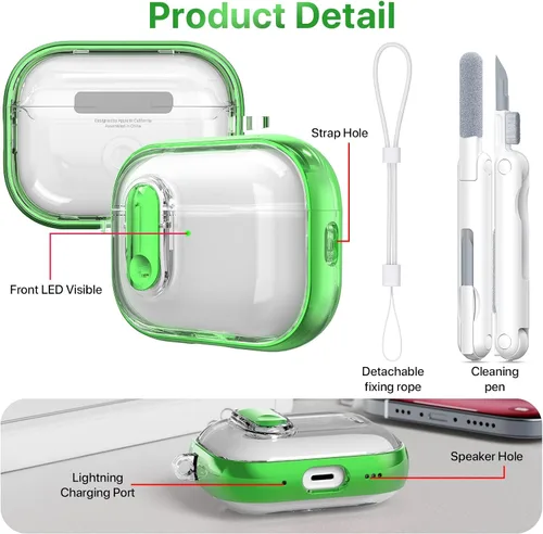 Miniatura 4 de RFUNGUANGO (con cerradura de seguridad) Funda protectora transparente para AirPods Pro de 2.ª/1.ª generación, Funda protectora de TPU suave Verde