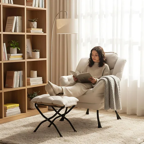 Miniatura 6 de LITA - Silla perezosa con otomana, sofá tapizado de ocio moderno de acento, silla de lectura contemporánea de salón con reposabrazos y bolsillo