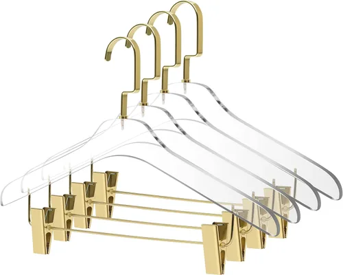 Perchas acrílicas transparentes de calidad 40 para faldas y pantalones, elegante colgador con ganchos dorados, organizador de armario para adultos