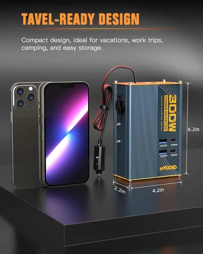 Miniatura 6 de Inversor de corriente de 300 W DC 12 V a 110 V Adaptador de CA con dos salidas de CA/2 puertos USB PD30W USB-C/2 QC18W/1 toma de encendedor