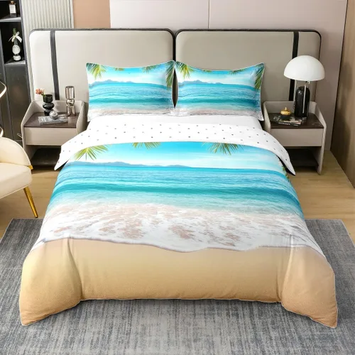 Miniatura 39 de Juego de ropa de cama 100% de algodón natural con hojas de palmera, funda de edredón Monstera con hojas tropicales, rama de hojas tropicales, funda