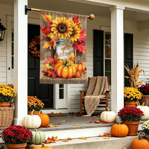 Miniatura 6 de Fall Garden Flags Thanksgiving Sunflower Pumpkin Printing House Flag Welcome Autumn Maple Leaves Yard Flags for Outside Mason Jar Pattern Floral