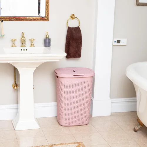 Miniatura 6 de Mind Reader Cesta de lavandería delgada con tapa, cestas de ropa de 60L, diseño de mimbre premium, plástico, paquete de 2, rosa