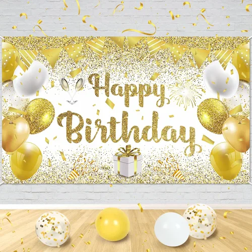 Decoraciones de fiesta de feliz cumpleaños dorado y blanco, pancarta grande para mujeres, hombres y niñas, 70.8 x 43.3 pulgadas