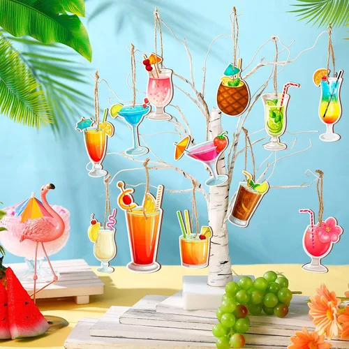Miniatura 2 de Geelin 36 piezas de adornos colgantes de madera de verano para árbol mini decoración de árbol hawaiano playa colgante de madera con cuerda