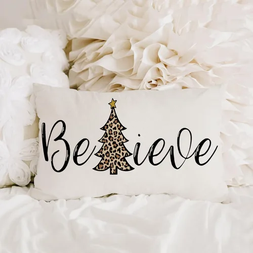Miniatura 4 de AOFANGGO Funda de almohada de Navidad de 12 x 20 pulgadas, decoración navideña de árbol de leopardo, funda de cojín rústica para cama, silla, sofá