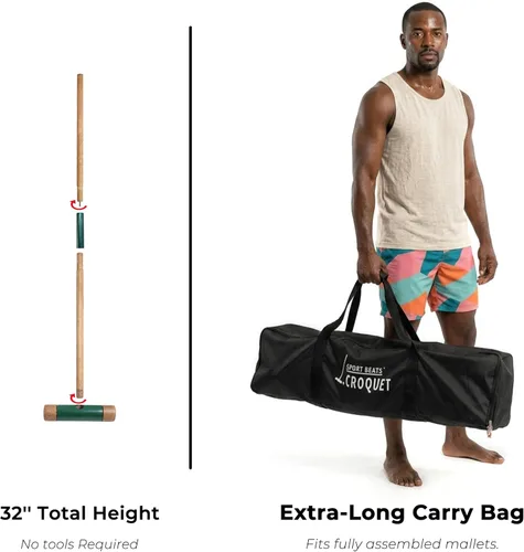 Miniatura 4 de SPORT BEATS Juego de croquet para seis jugadores, mazos de madera maciza de goma de 32 pulgadas con funda de transporte, seis bolas, nueve mechones