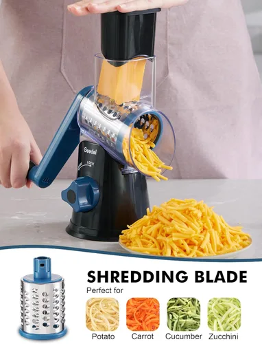 Miniatura 4 de Geedel Rallador rotativo de queso, cortador de verduras de mandolina de cocina con 3 cuchillas intercambiables, fácil de limpiar, rallador giratorio