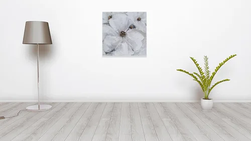 Miniatura 9 de SYGALLERIER Arte abstracto de pared de flores, pintura al óleo floral gris y blanca con adornos de lámina dorada, arte de pared de lienzo hecho a