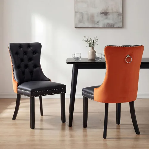Miniatura 148 de OVENTA Juego de 4 sillas de comedor modernas tapizadas copetudas, terciopelo negro y gris y cuero con patas de madera maciza, sillas de cocina