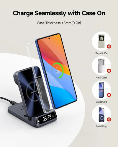 Miniatura 7 de SwanScout Cargador inalámbrico para Z Flip 7/7 FE/6/5/4/3, estación de carga inalámbrica 3 en 1 para Galaxy Watch 8 Classic/8/Ultra/7/FE/6/5/Buds 3