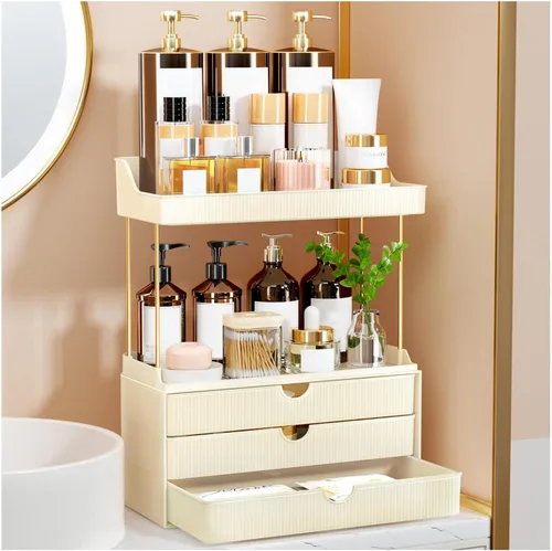 Miniatura 9 de StorBin Organizador de maquillaje de 3 cajones grandes, organizador de encimera de baño de 5 niveles y almacenamiento, organizador versátil de Ámbar