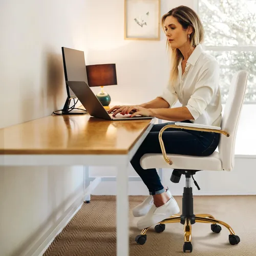 Miniatura 4 de Topeakmart Silla de escritorio de oficina Silla ejecutiva de cuero sintético ajustable con marco dorado asiento blanco Blanco y dorado