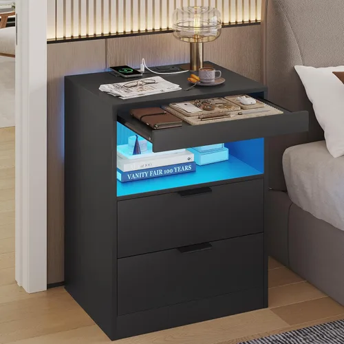 Miniatura 9 de ADORNEVE Mesita de noche LED negra con estación de carga inalámbrica, 2 cajones, moderna mesa auxiliar de dormitorio con luces LED, mesa de noche