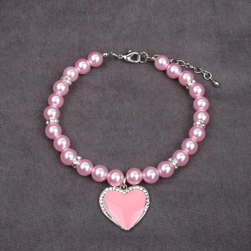 Miniatura 3 de Collar de perlas de perro y gato con diamantes de imitación, dije de corazón con dije de corazón para mascotas y cachorros (S, rosa)