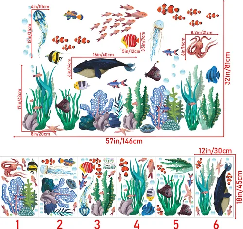 Miniatura 3 de Adhesivo creativo extraíble 3D bajo el mar para pared, diseño de hierba de coral, vida oceánica, despegar y pegar, decoración de pared de peces