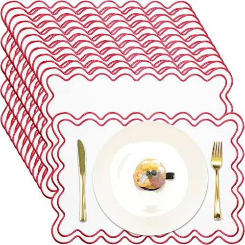 Miniatura 10 de Juego de 12 manteles individuales de lino festoneados de 13 x 19 pulgadas, bordado ondulado, doble capa, lavable, para cena, boda, fiesta
