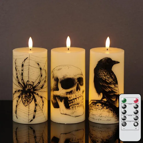 Miniatura 11 de Velas de Halloween sin llama con temporizador de 6 horas, velas LED naranjas parpadeantes de cera real, bruja, murciélagos, castillo, calcomanías