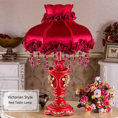 Miniatura 2 de Lámpara Victoriana Roja de Tela Antigua Lámpara de Mesa Pastoral Europea Lámpara de Mesita de Noche 1 Cabeza Flor Floral Luz de Mesa con Flecos