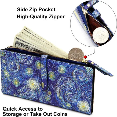 Miniatura 15 de Billeteras delgadas para mujer, tarjetero RFID plegable con bolsillo con cremallera, Mandala azul, Delgado