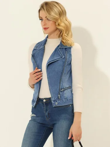 Miniatura 3 de Allegra K Chaqueta de moto sin mangas con cremallera para mujer, chaleco de mezclilla clásico