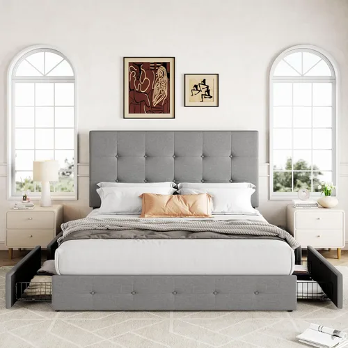 Miniatura 3 de Allewie - Base de cama tapizada de tamaño Full con plataforma, con 4 cajones de almacenamiento y cabecero, diseño cosido en cuadrados con botones
