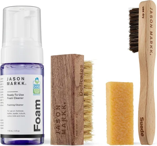 Jason Markk Quick Clean & Suede - Kit de limpieza de 4 piezas, cepillo de gamuza y borrador de manchas, espuma lista para usar y cepillo delicado,