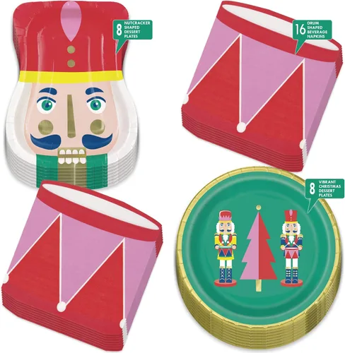 Miniatura 2 de HOME & HOOPLA Cascanueces - Platos de papel con forma de fiesta de Navidad, platos de postre de papel redondos con borde dorado y servilletas