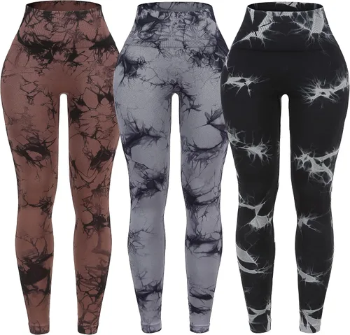 OVESPORT Paquete de 3 leggings de entrenamiento de cintura alta sin costuras con teñido anudado para mujer, pantalones deportivos para yoga,