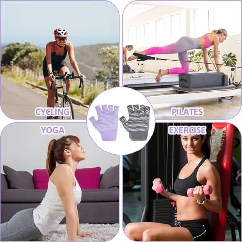 Miniatura 7 de Guantes de gimnasio antideslizantes sin dedos para mujer, 2 pares de guantes de pilates antideslizantes de silicona para yoga, fitness, deportes