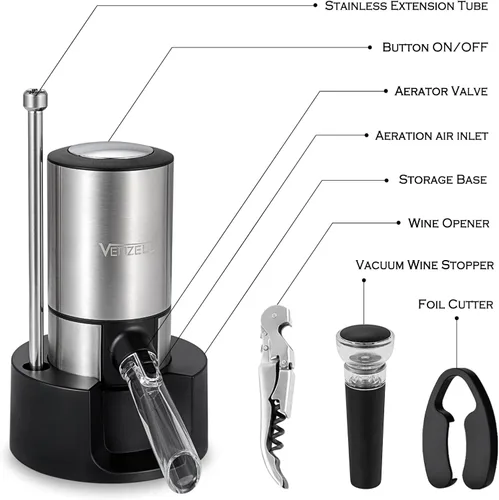 Miniatura 4 de VENZELL Aireador y vertedor eléctrico de vino, decantador de vino inteligente de un solo botón con tapón de vacío automático y dispensador