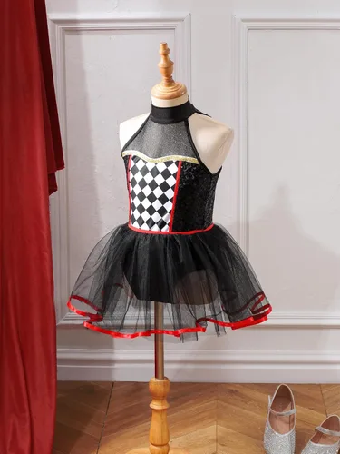 Miniatura 3 de TTAO Disfraz de payaso para niñas, vestido de bufón halter blanco y negro, para bailar, leotardo