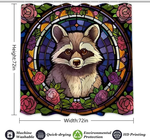 Miniatura 7 de YLATY4413 - Cortina de ducha de mapache para baño, diseño de hojas de flores, arte de cristal, bohemio, tela abstracta, moderna, impermeable