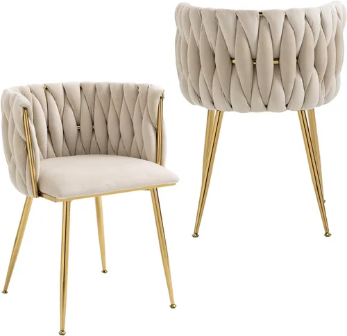 Nrizc Juego de 2 sillas de comedor de terciopelo, sillas de comedor tapizadas tejidas con patas de metal dorado, sillas decorativas modernas para
