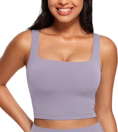 Miniatura 62 de CRZ YOGA Butterluxe Brasier deportivo de cuello cuadrado para mujer, estilo camiseta corta sin mangas, acolchado con soporte integrado para yoga