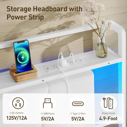 Miniatura 3 de RALGEND Base de cama Queen con cabecero, base de cama LED tamaño Queen con estación de carga, cama moderna de plataforma de metal con estantes