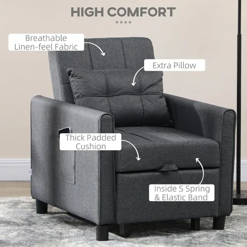 Miniatura 4 de HOMCOM Silla convertible 3 en 1, sofá cama individual multifuncional, silla extraíble con respaldo ajustable, almohada y bolsillos, color gris