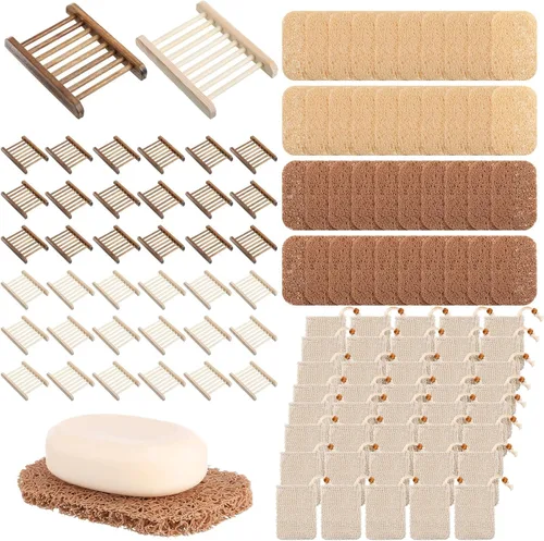 Miniatura 8 de Juego de 60 piezas de protector de jabón que incluye plato de madera, bolsa exfoliante, almohadillas protectoras a granel con autodrenaje, bolsa