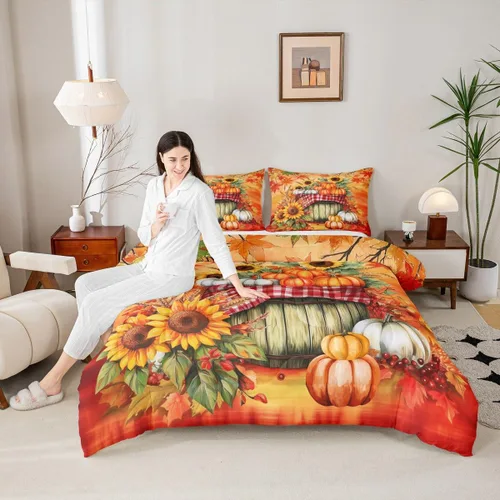 Juego de edredón de cosecha de calabaza de otoño, tamaño individual, juego de ropa de cama de otoño con hojas de arce y girasol, decoración de