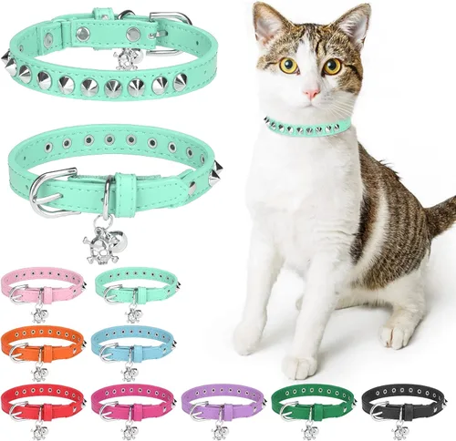 Miniatura 27 de Collares de cuero DILLYBUD para gatos macho y hembra con campana y cinturón elástico de seguridad, collar ajustable con hebilla de seguridad