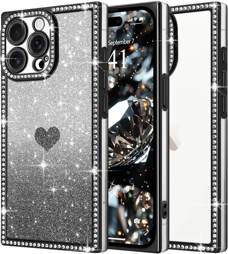 Miniatura 55 de Funda para iPhone 13, funda de diamantes de imitación de lujo con patrón de corazón de amor de cristal [papel con purpurina extraíble], parachoques