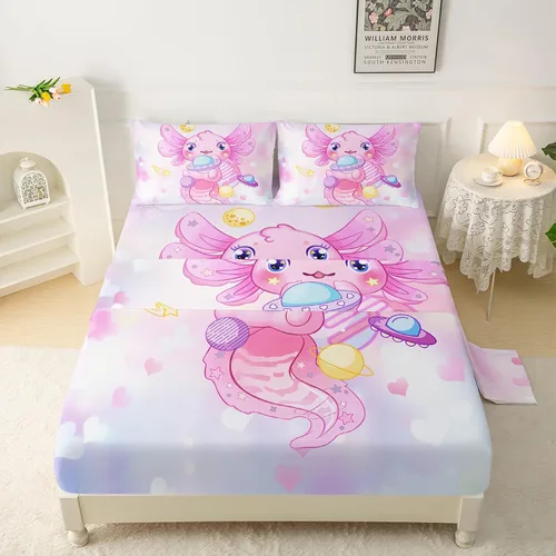 Miniatura 47 de QOOMO Ropa de cama Kawaii Axolotl para niños y niñas, diseño de flor de cerezo rosa, juego de ropa de cama súper suave para niños, con estrellas