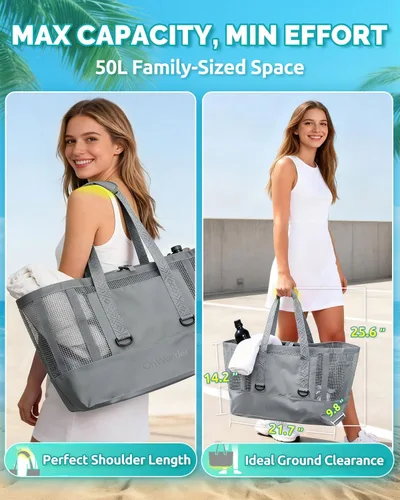 Miniatura 2 de Bolsa de playa de 50L con parte inferior impermeable y malla recubierta para playa, barco, piscina y deportes
